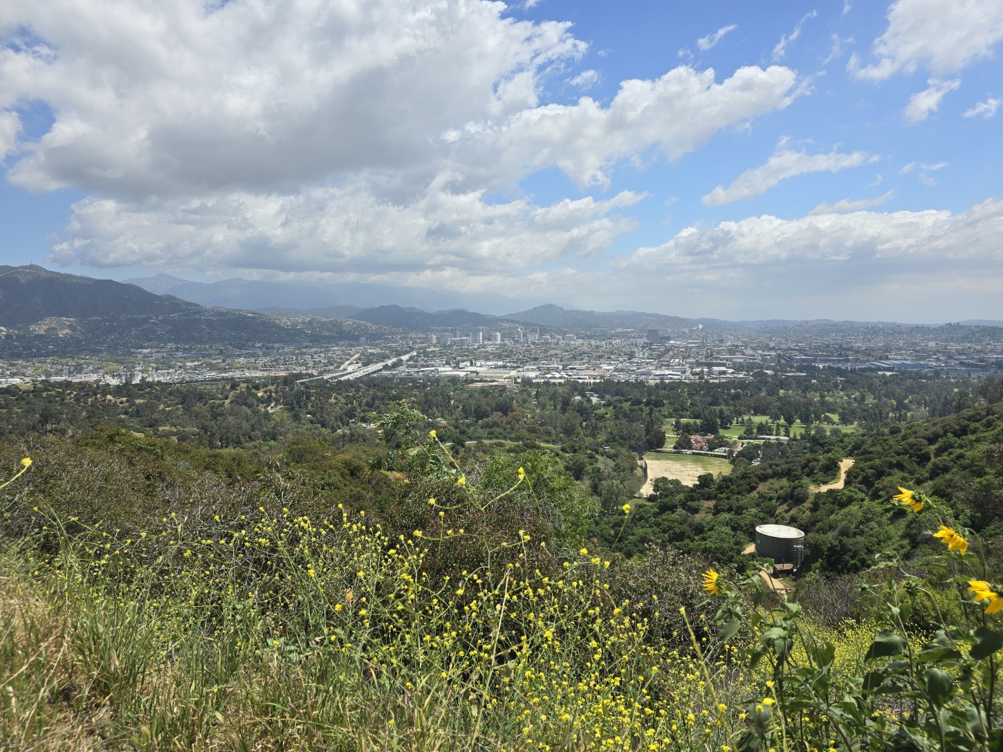 A scenic view from the hills surrounding the San Fernando Valley, showcasing the lush greenery and expansive urban landscape under a partly cloudy sky.